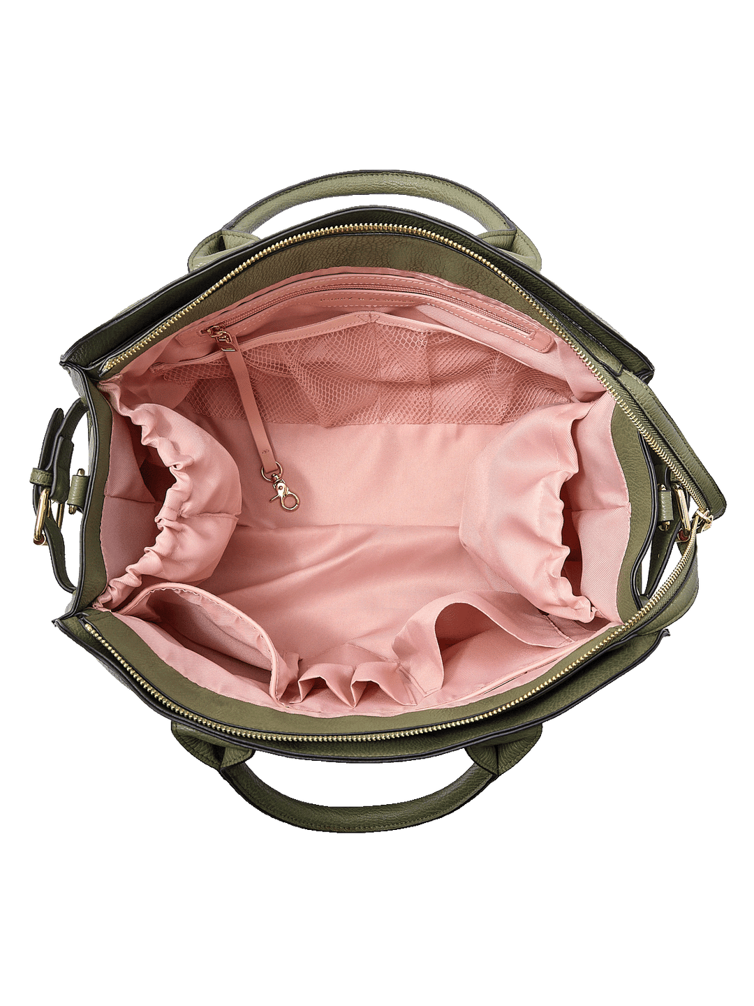 Interior of the Uptown Tote in Olive showing cup holder and organization pockets