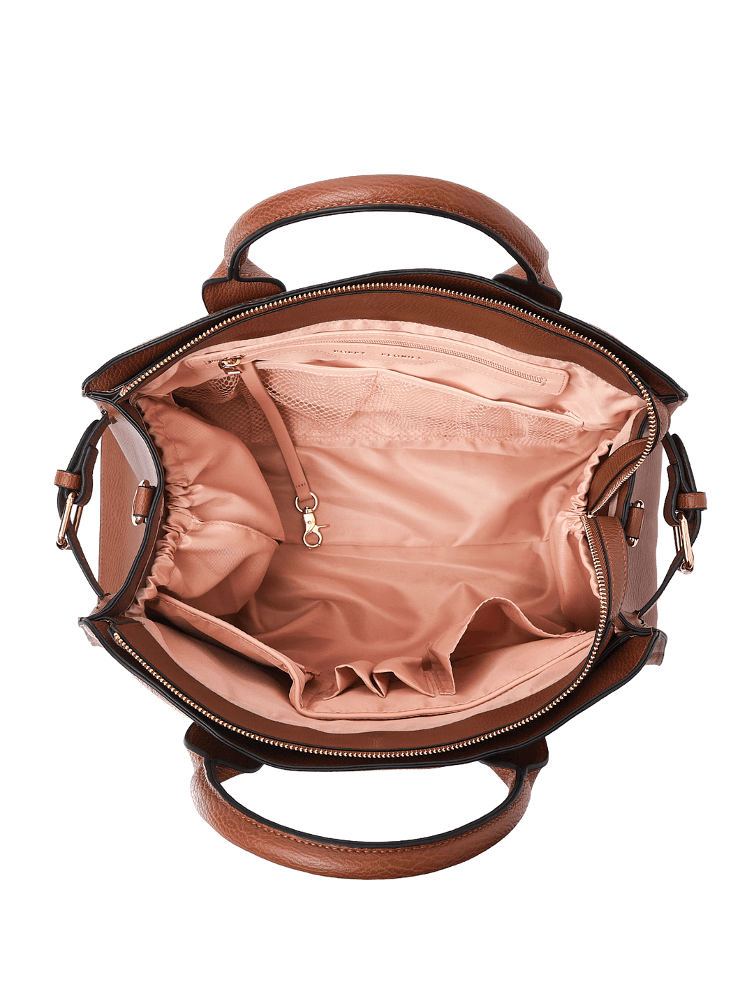 Brown vegan leather handbag with pink interior