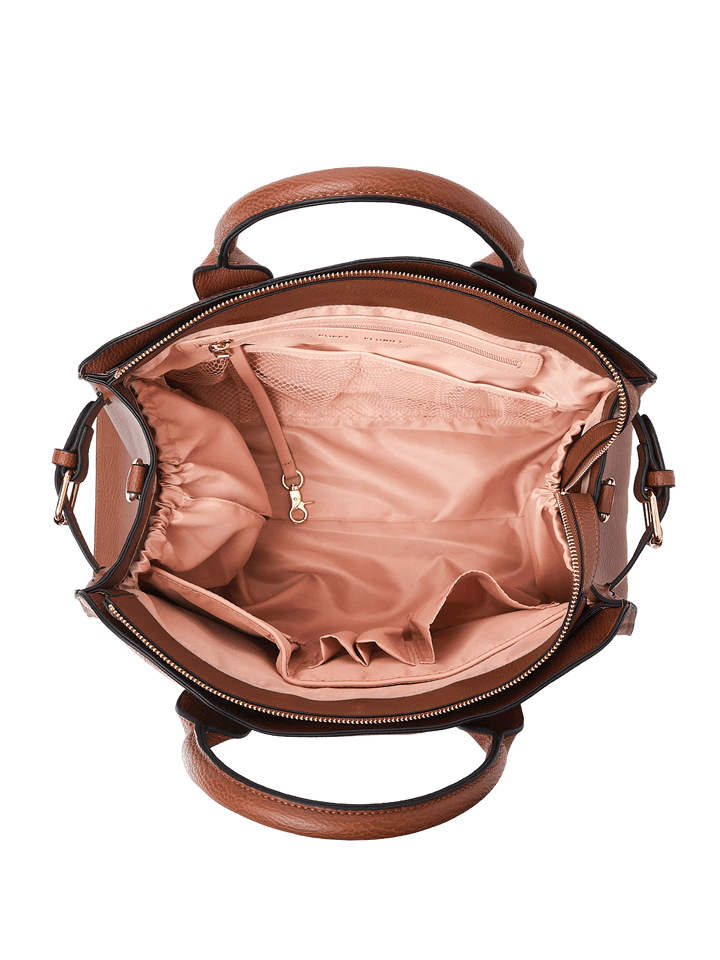 Brown vegan leather handbag with pink interior