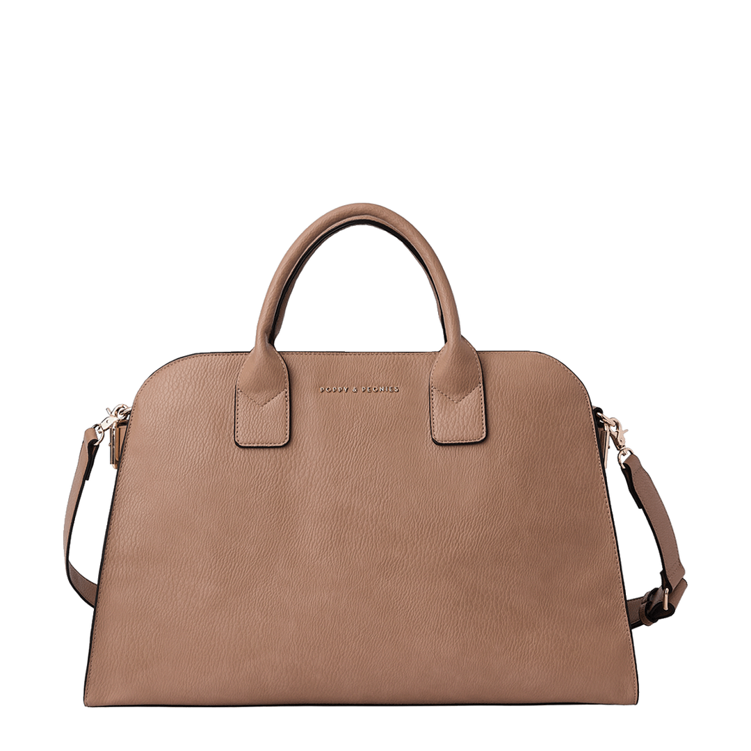 Light brown vegan leather tote bag with a detachable crossbody strap