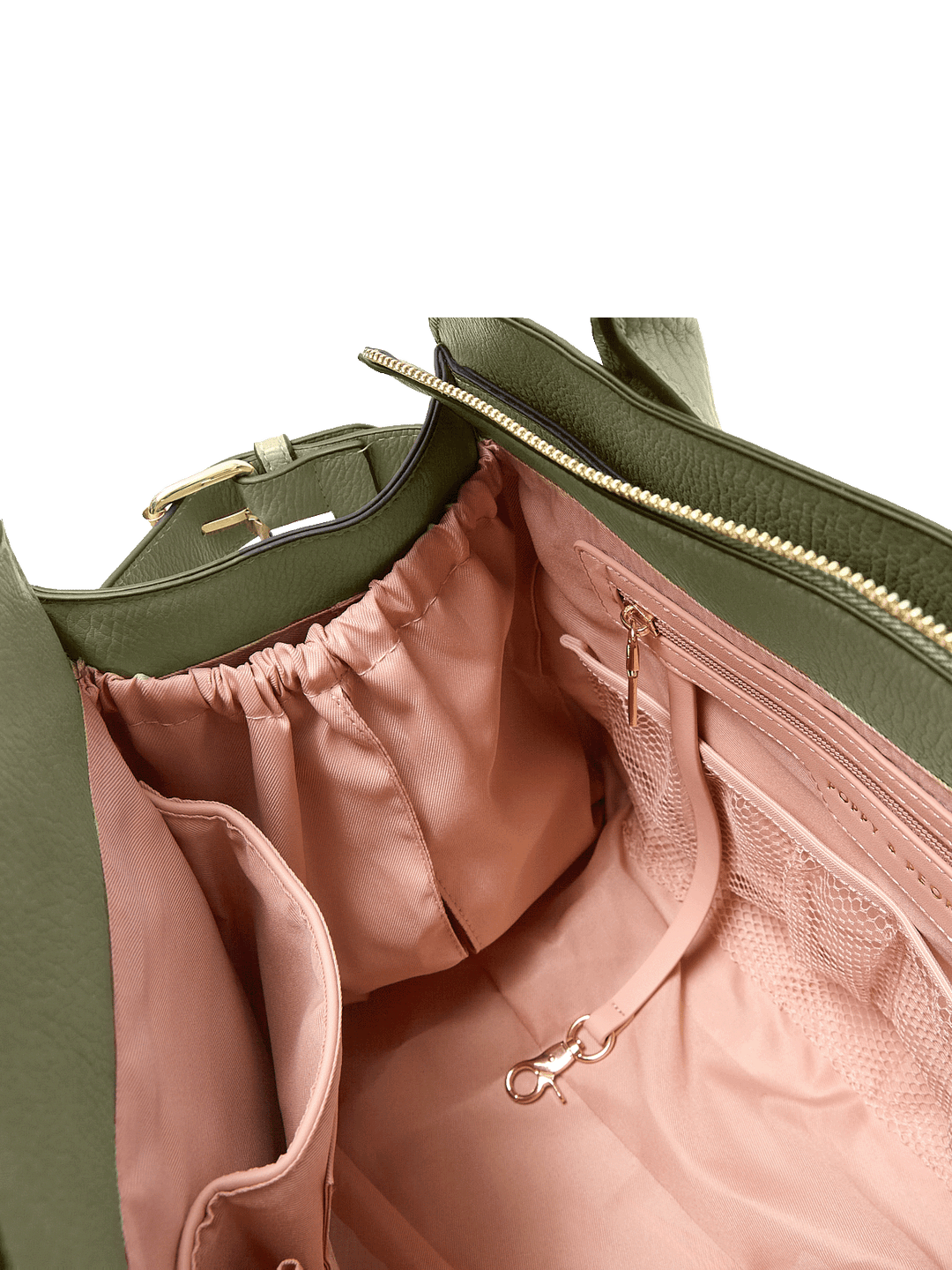 Interior of the Uptown Tote in Olive showing mesh pockets, zip pocket, key leash, and organized compartments