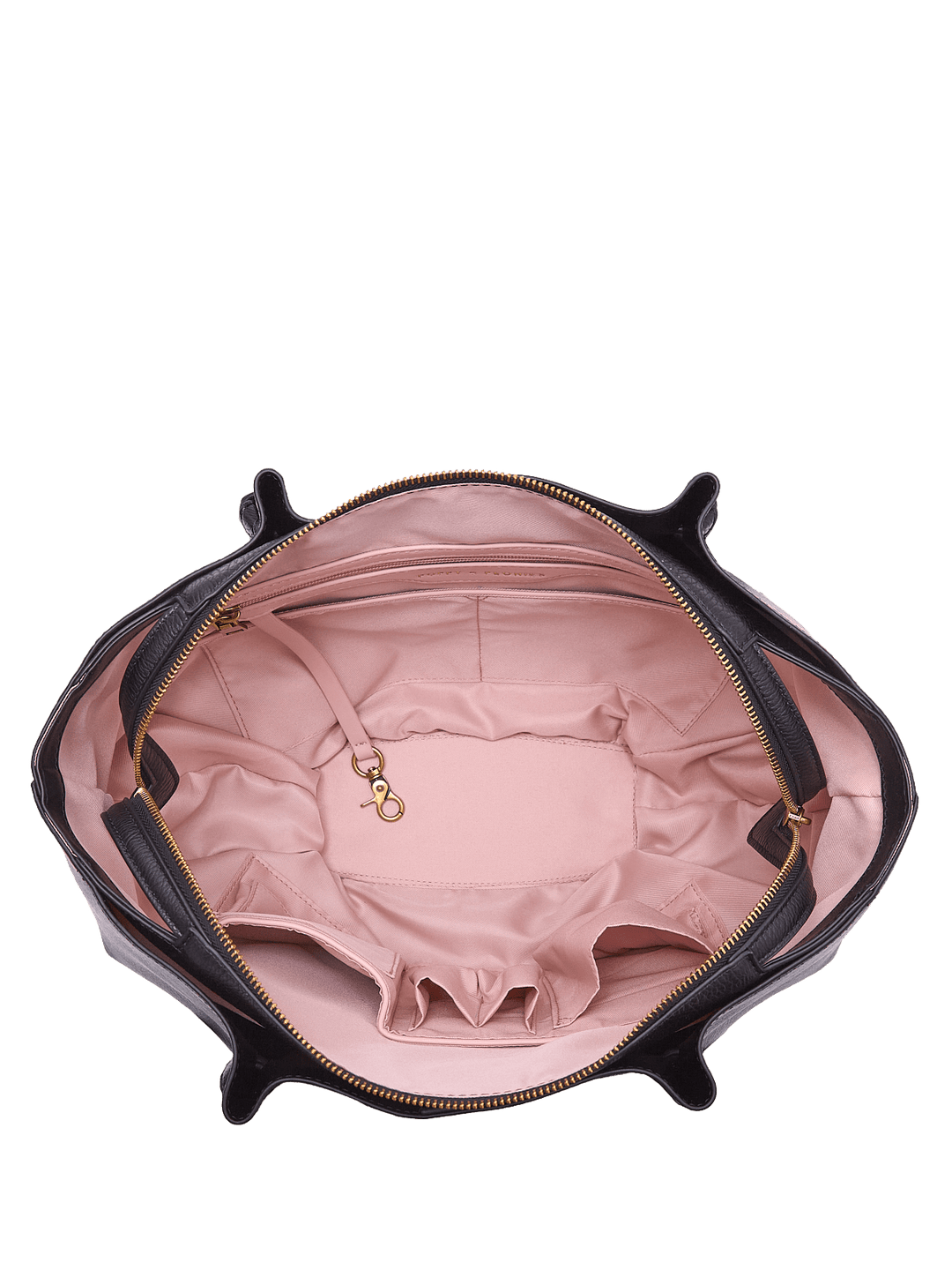 Open tote bag with pink interior and smart functionality