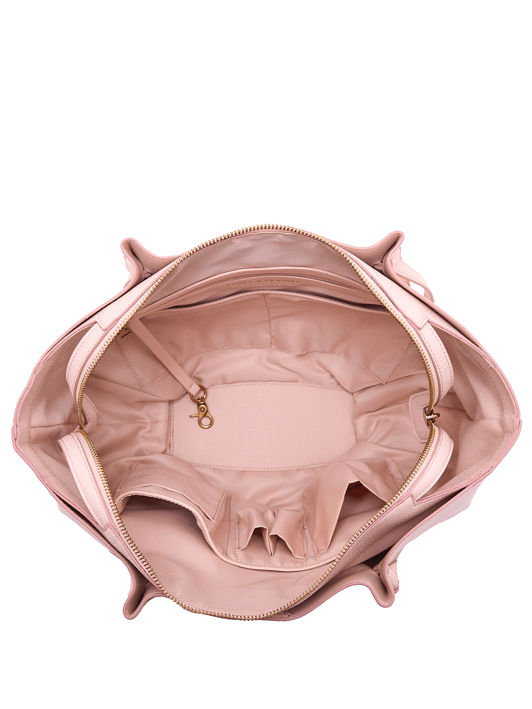 Interior of a light pink vegan leather tote bag