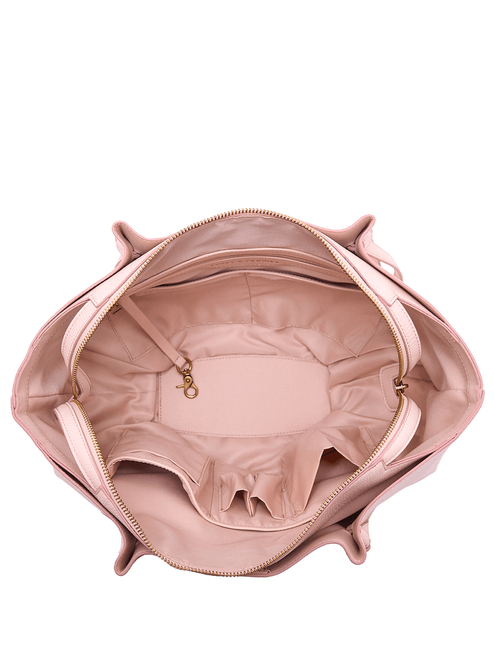 Interior of a light pink vegan leather tote bag
