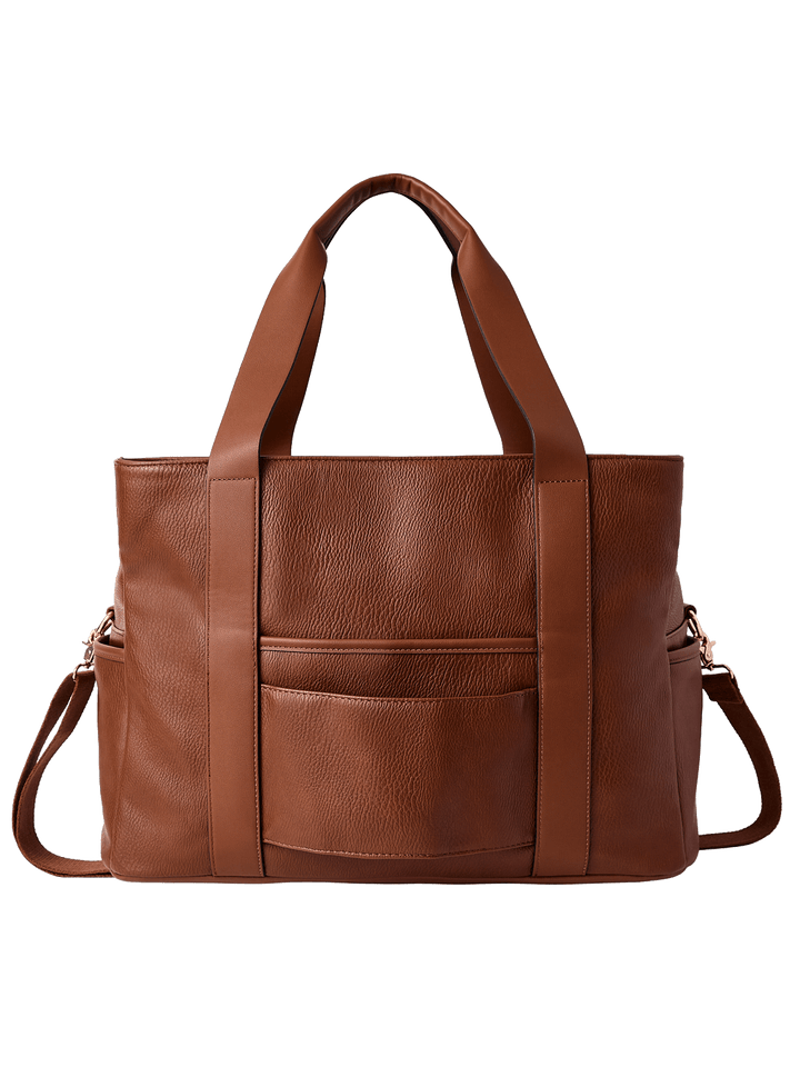 Brown vegan leather bag with multiple pockets
