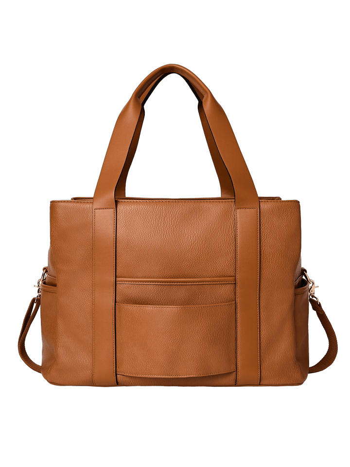 Brown vegan leather handbag with shoulder strap