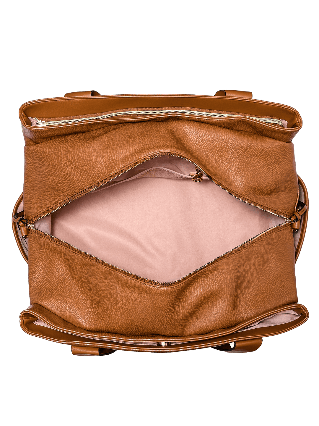 Open brown vegan leather handbag