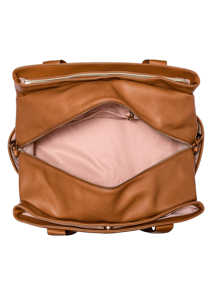 Open brown vegan leather handbag
