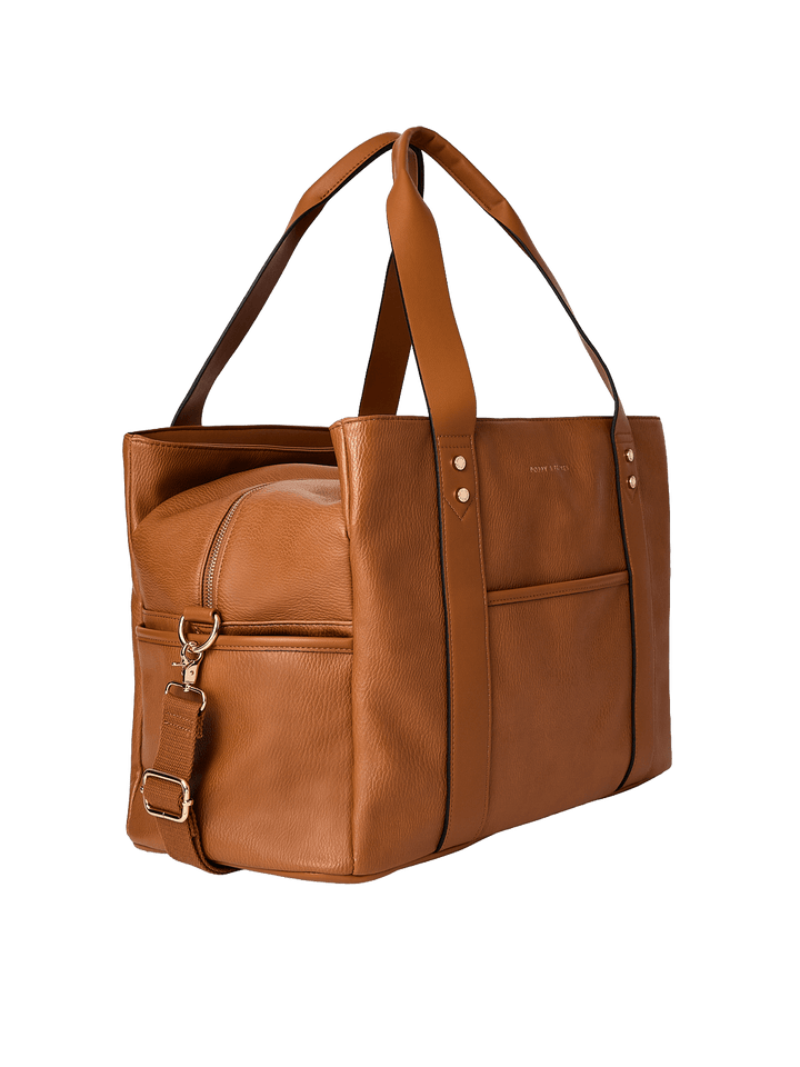 Brown vegan leather tote bag with multiple pockets