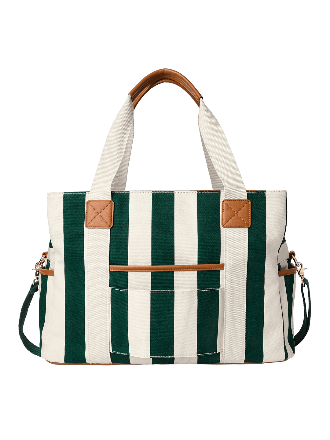 Striped handbag with green and white stripes and brown accents