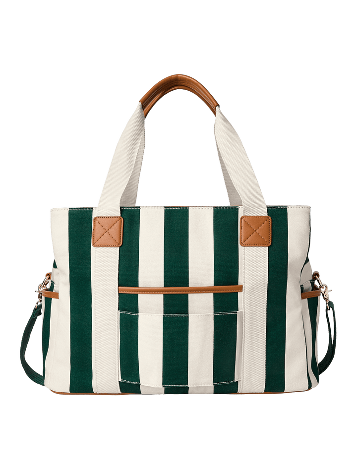 Striped handbag with green and white stripes and brown accents