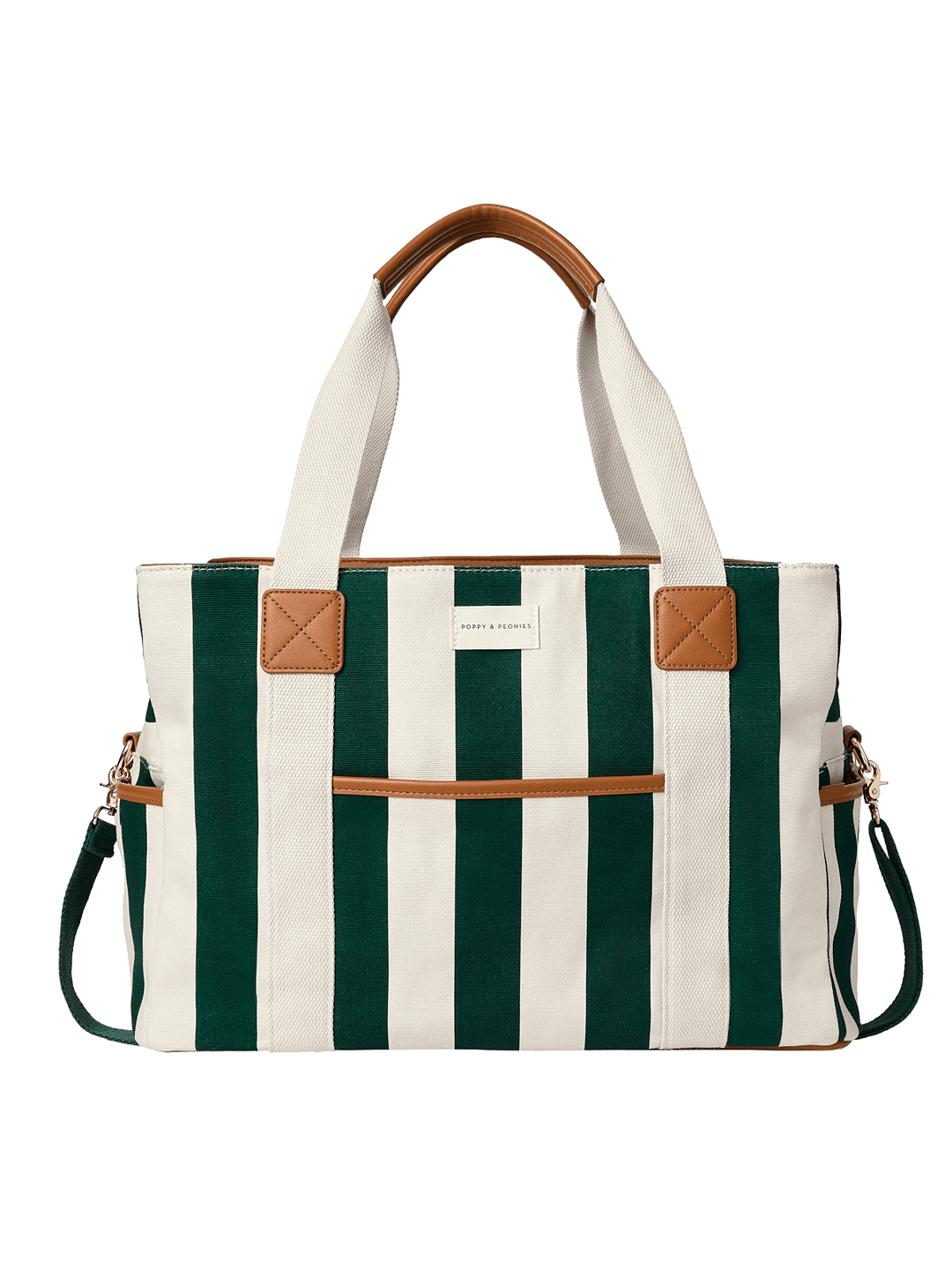 Striped handbag with green and white stripes and brown accents
