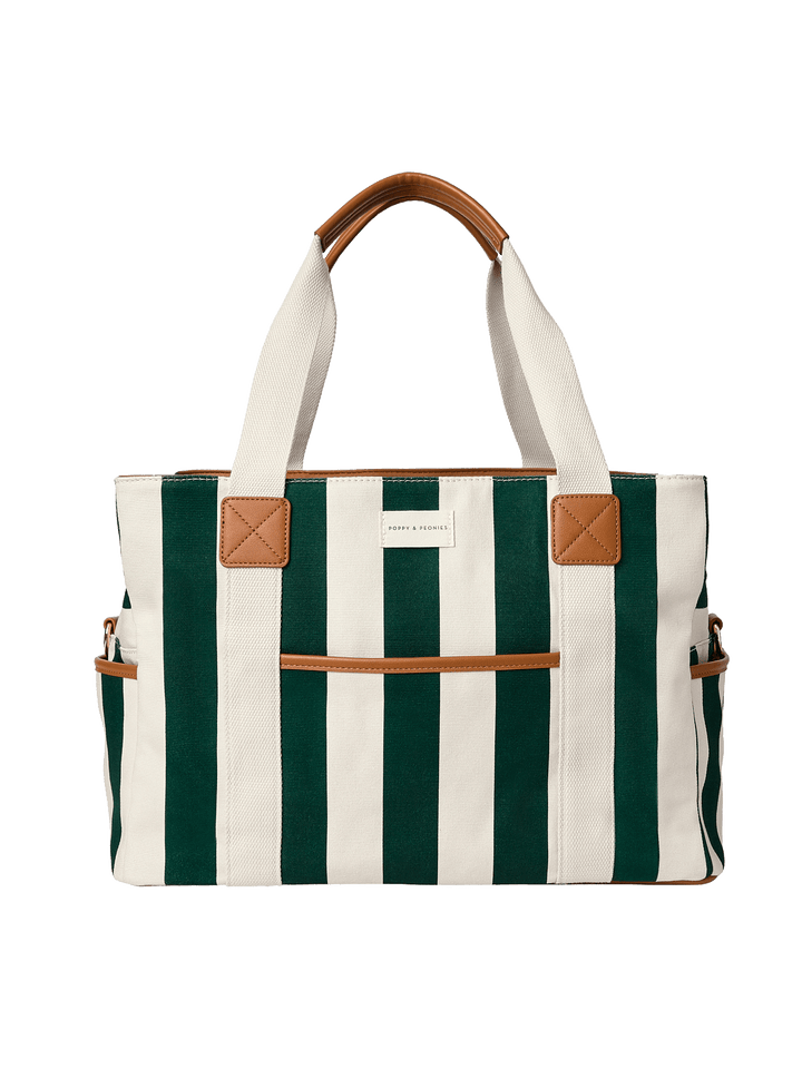 Striped handbag with green and white stripes and brown accents