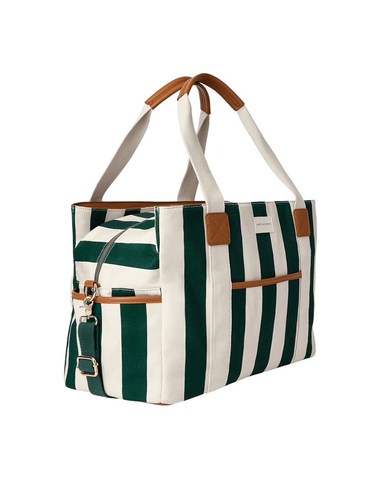 Striped handbag with green and white stripes and brown accents
