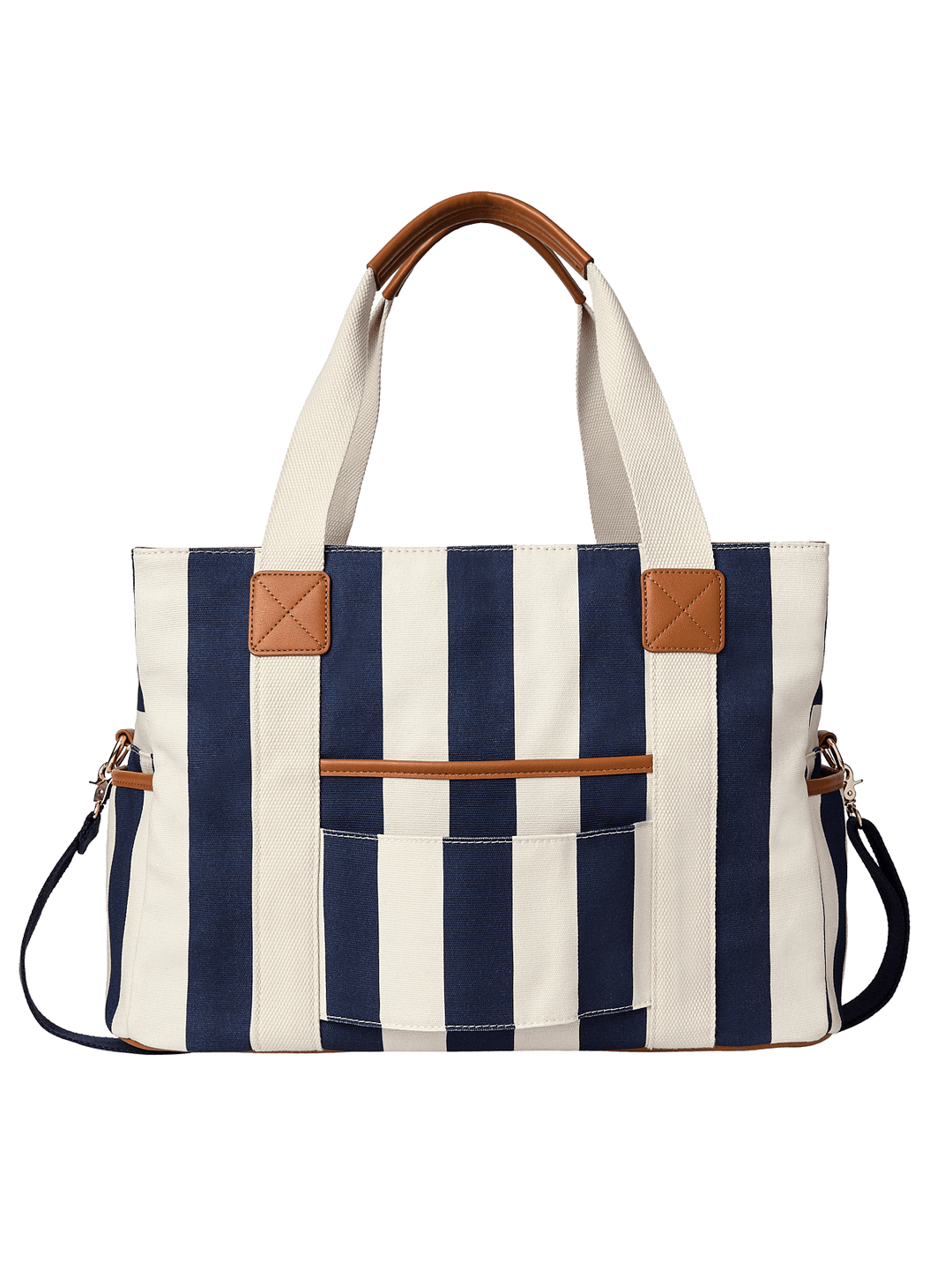 Navy and white striped tote bag with brown leather accents