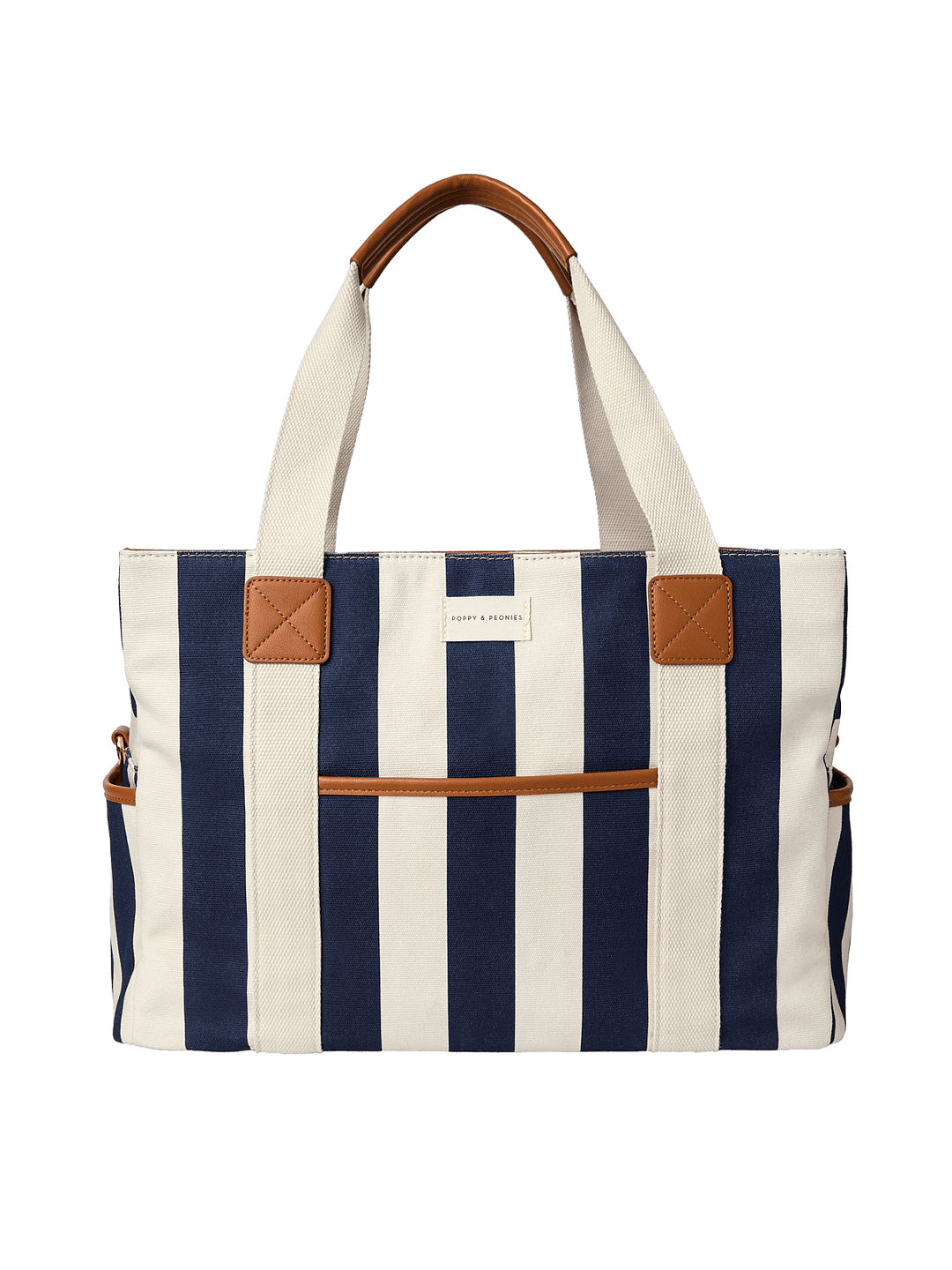 Navy and white striped tote bag with brown leather accents