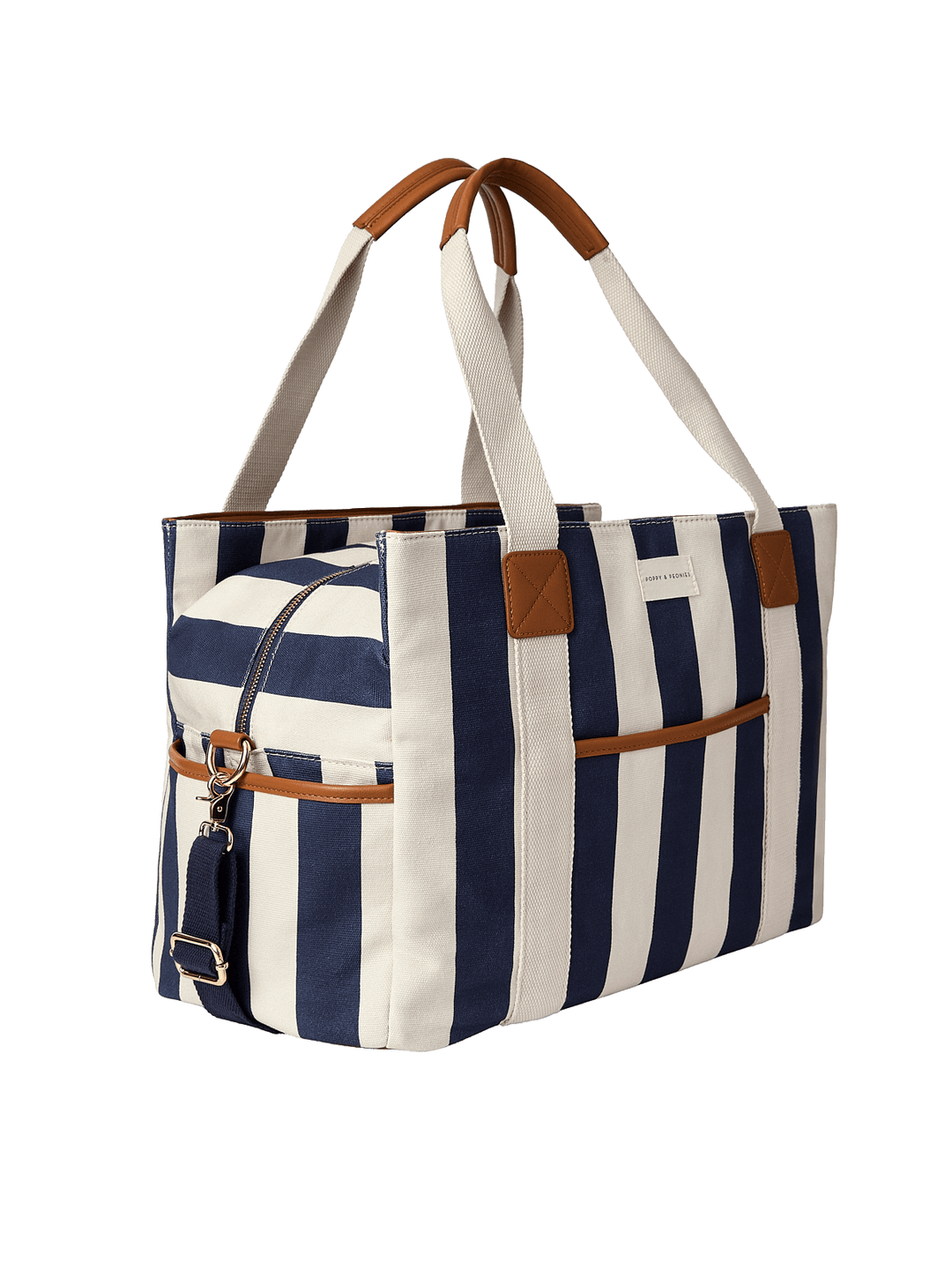Navy and white striped tote bag with brown accents 