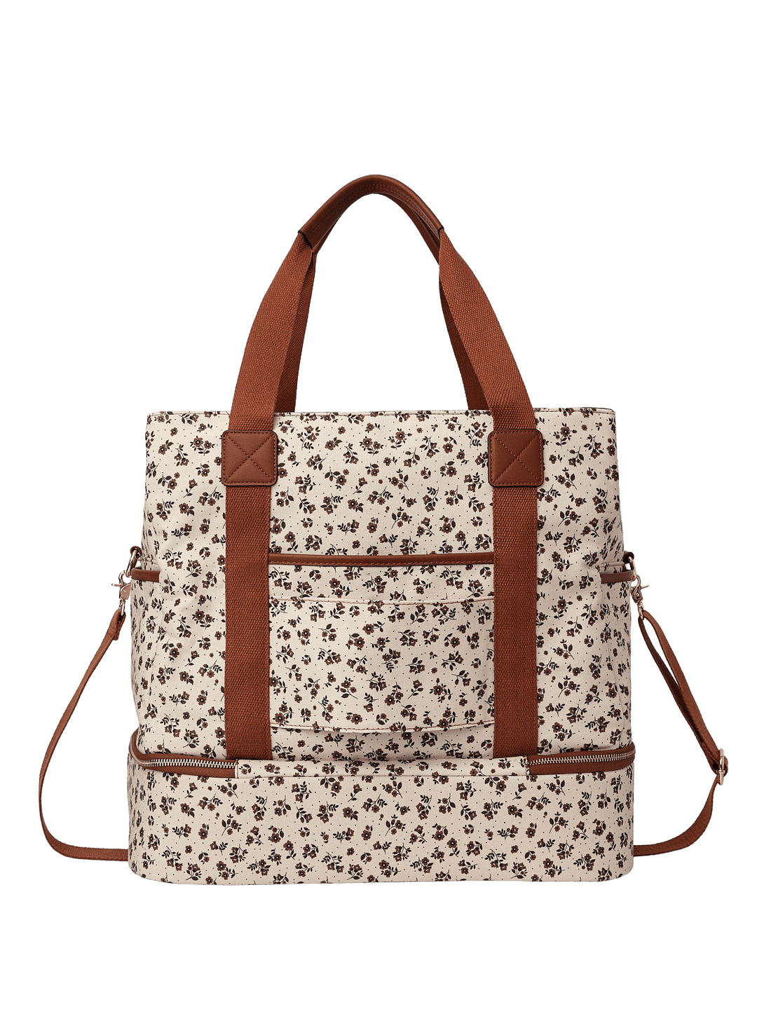 Floral-patterned travel bag with brown straps