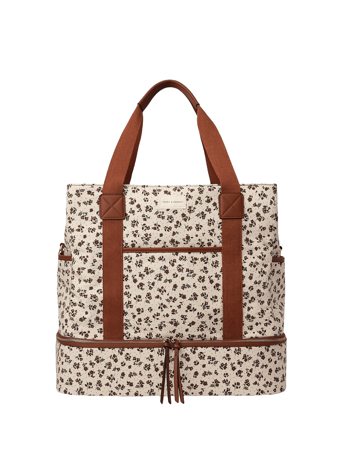 Floral-patterned travel bag with brown straps