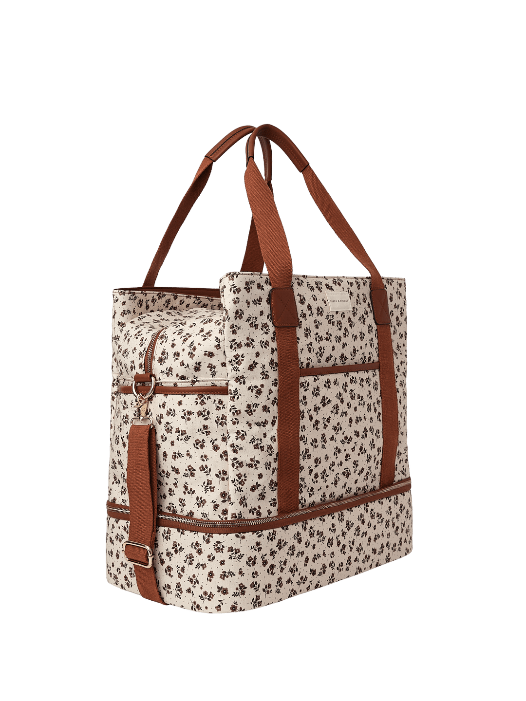 Floral-patterned tote bag with brown straps