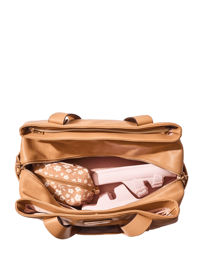Interior of a brown vegan leather handbag