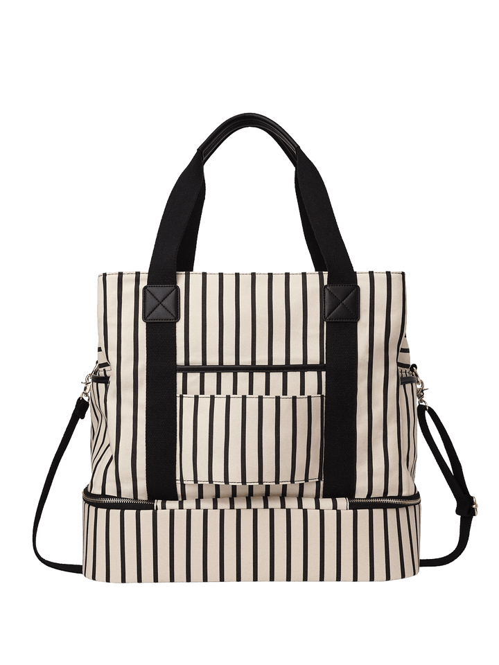 Striped travel bag with black straps