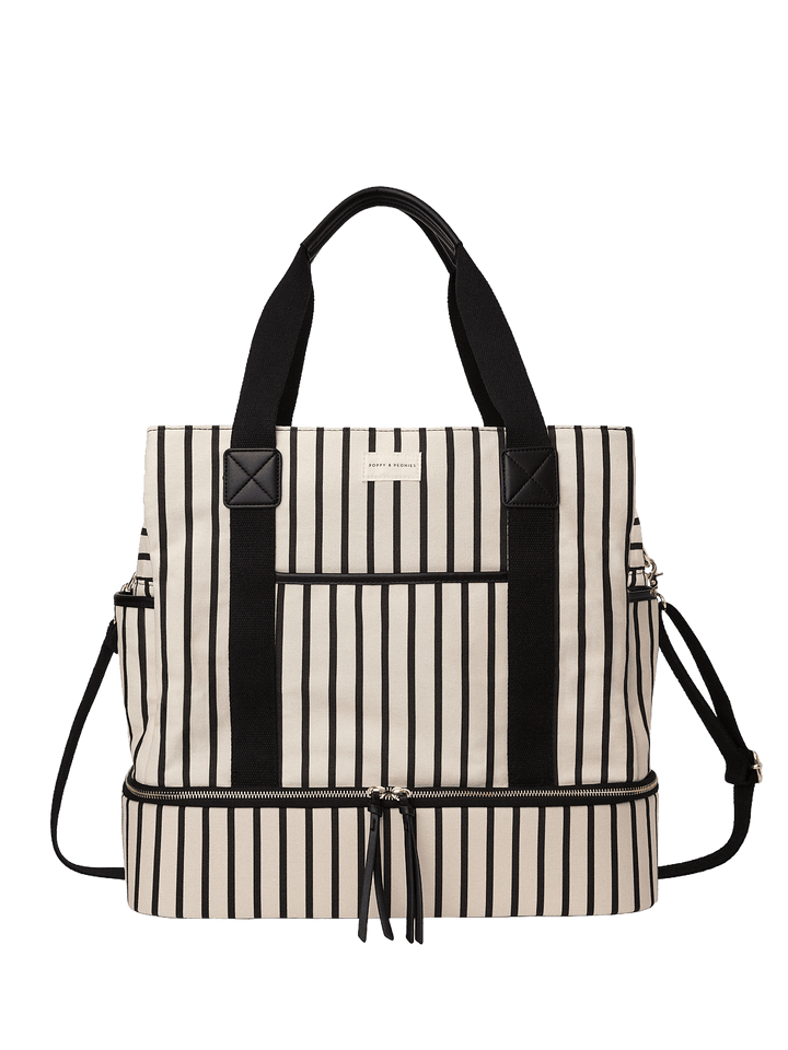 Black and white stripe travel bag with black straps