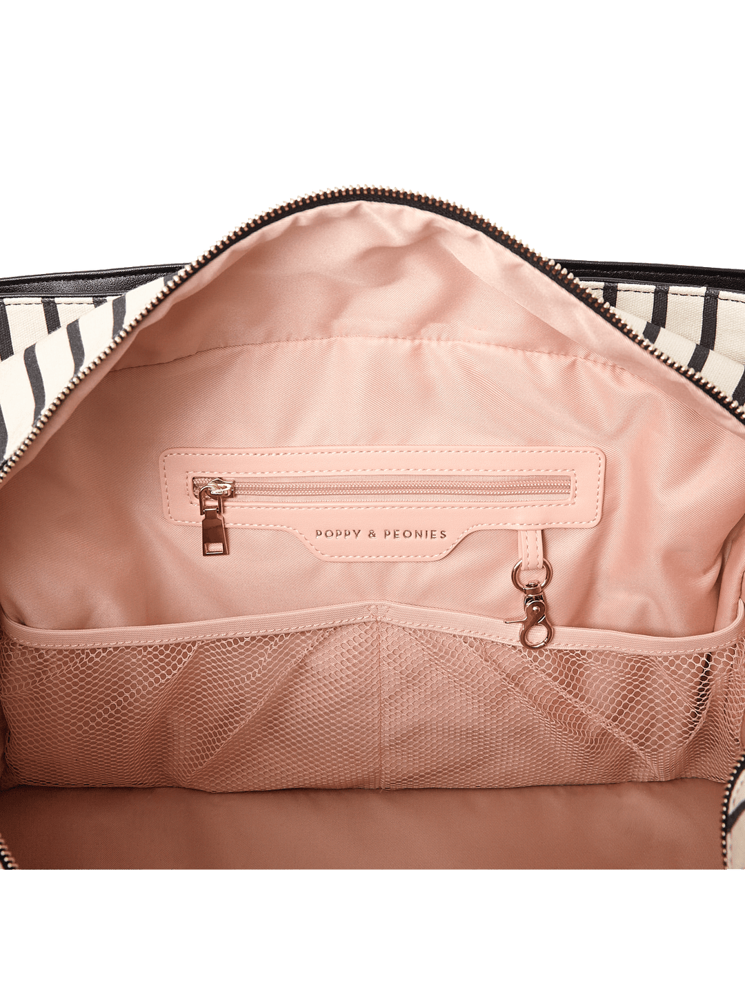 Close up of the pockets and key leash inside a travel bag