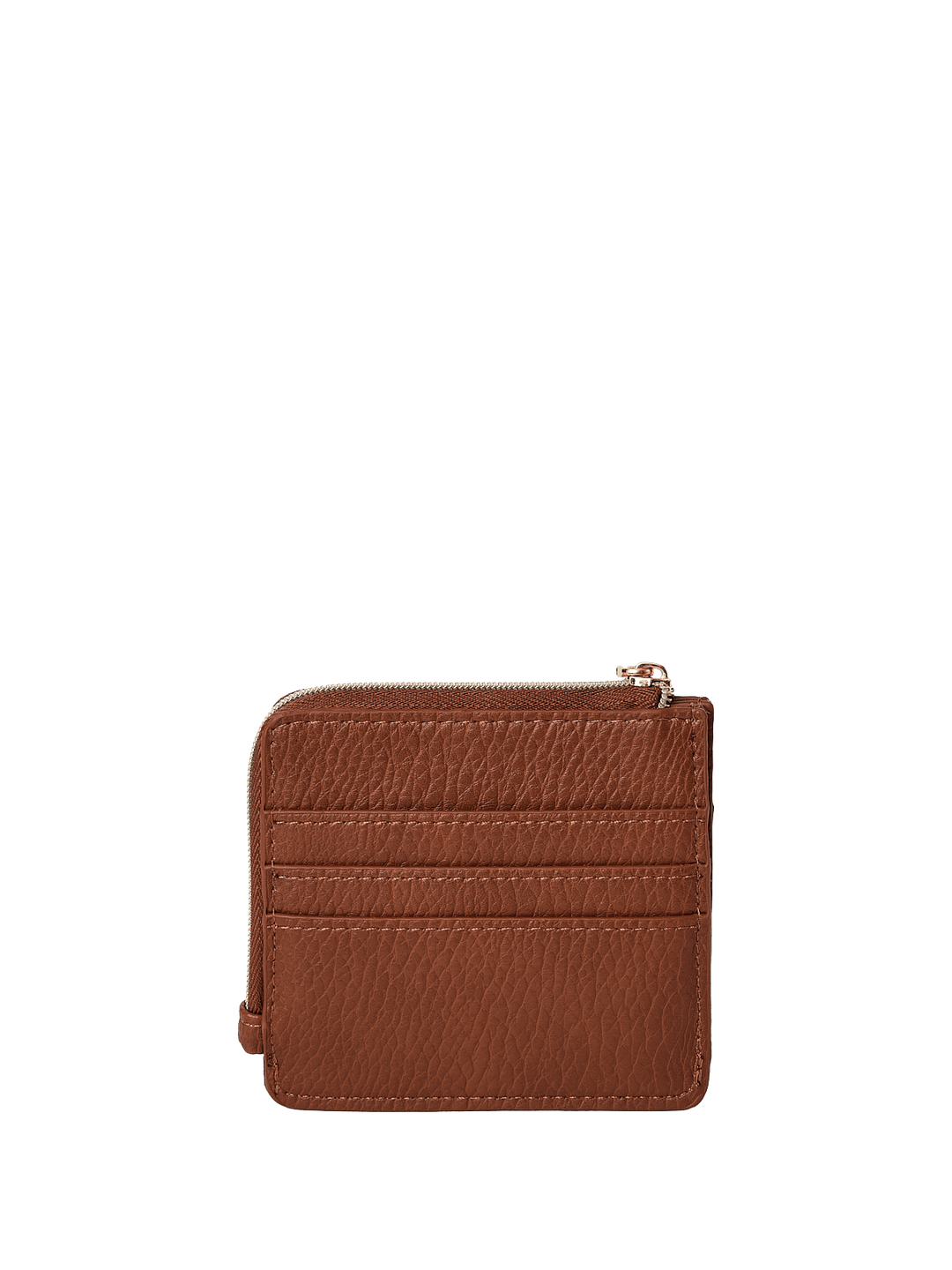 Brown vegan leather wallet with a zipper on a transparent background