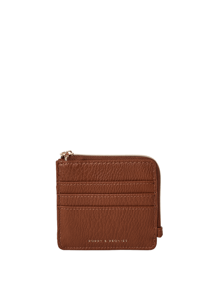 Brown vegan leather wallet with a brand logo on a transparent background