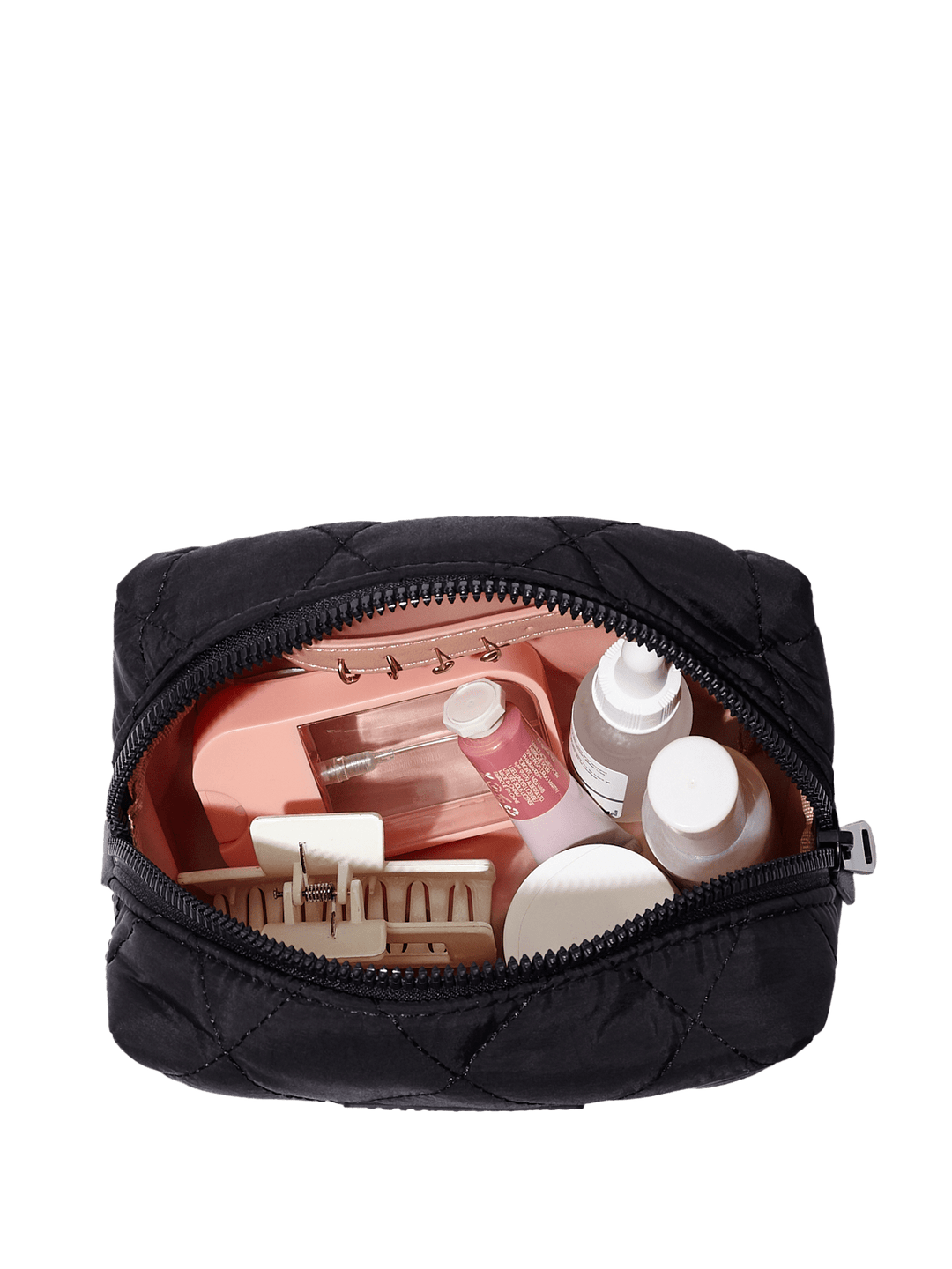 Black cosmetic bag with toiletries on a transparent background