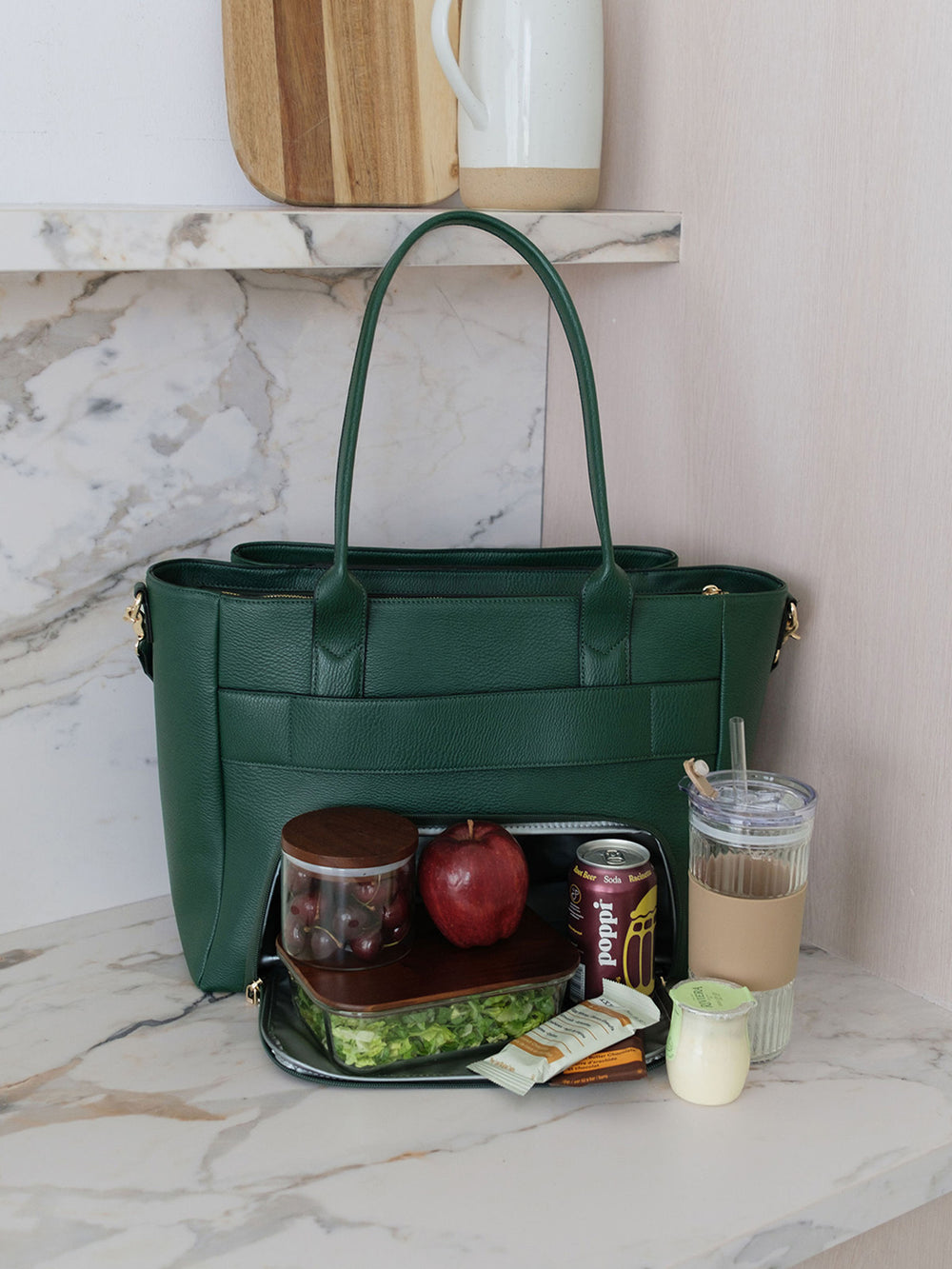 Poppy & Peonies Double Duty Tote in Heritage Green styled with lunch, snacks and iced coffee, showcasing everyday carry capacity.