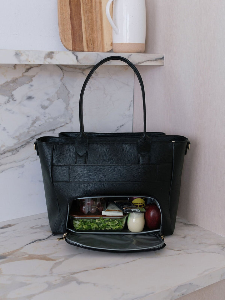 Poppy & Peonies Double Duty Tote in Black showcasing the insulated lunch compartment with lunch and snacks.