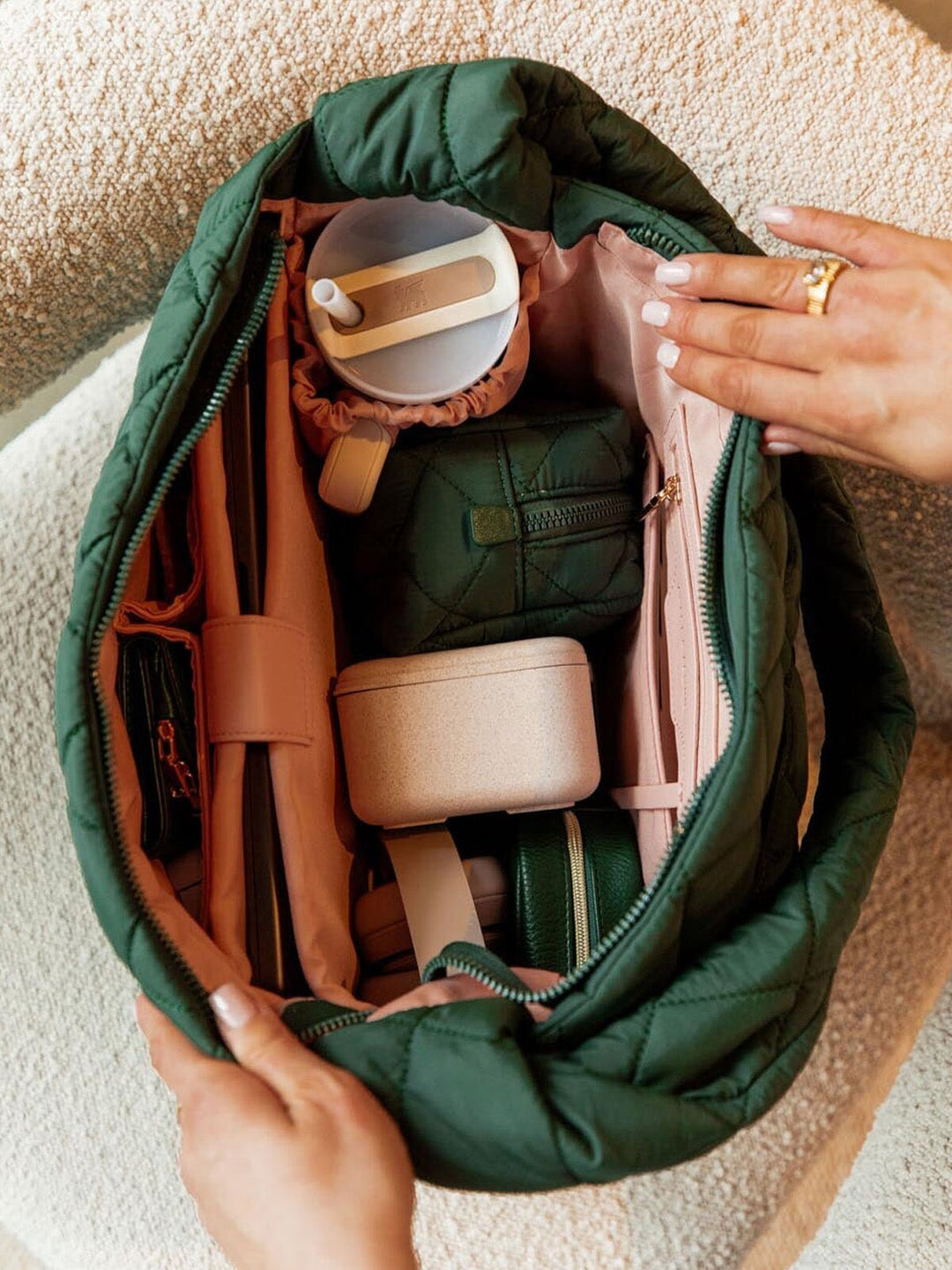 Interior of a quilted green hobo bag 