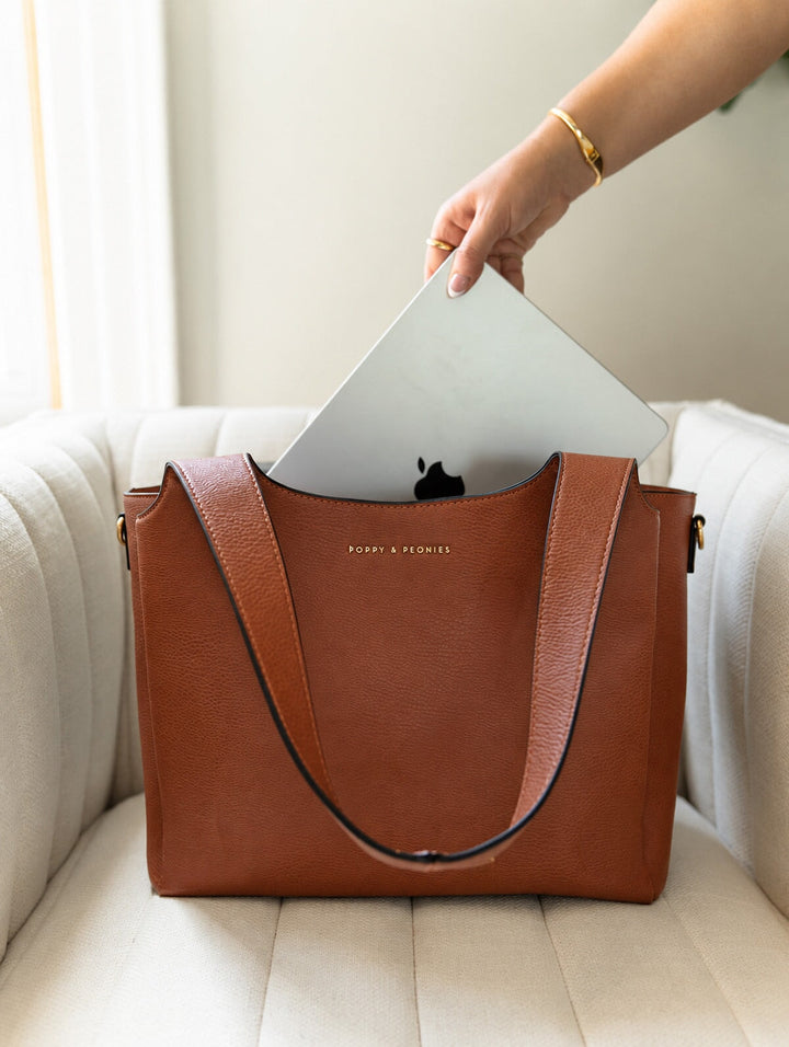 Poppy & Peonies The Companion Tote in Chestnut with laptop, showcasing the padded laptop compartment for organized everyday carry.