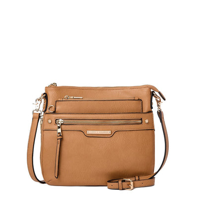 front of a camel coloured Poppy and Peonies bag