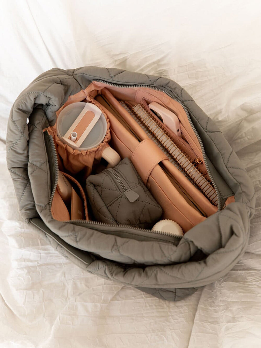 Interior of a grey quilted hobo bag