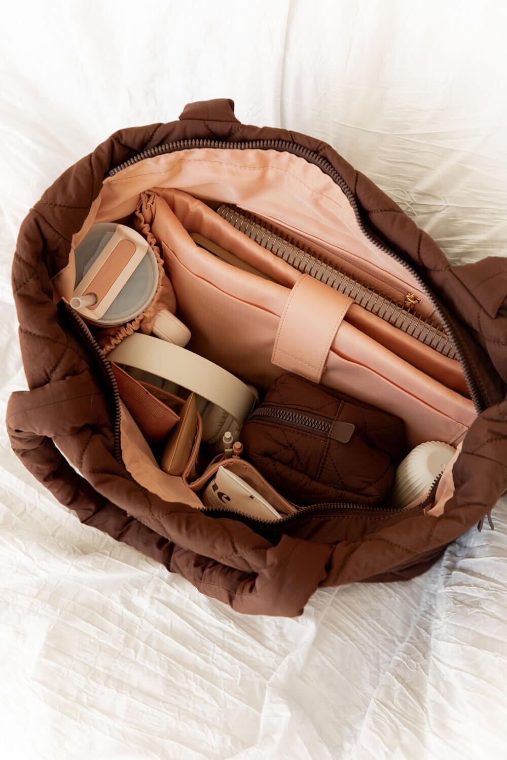 Interior of a quilted brown tote bag