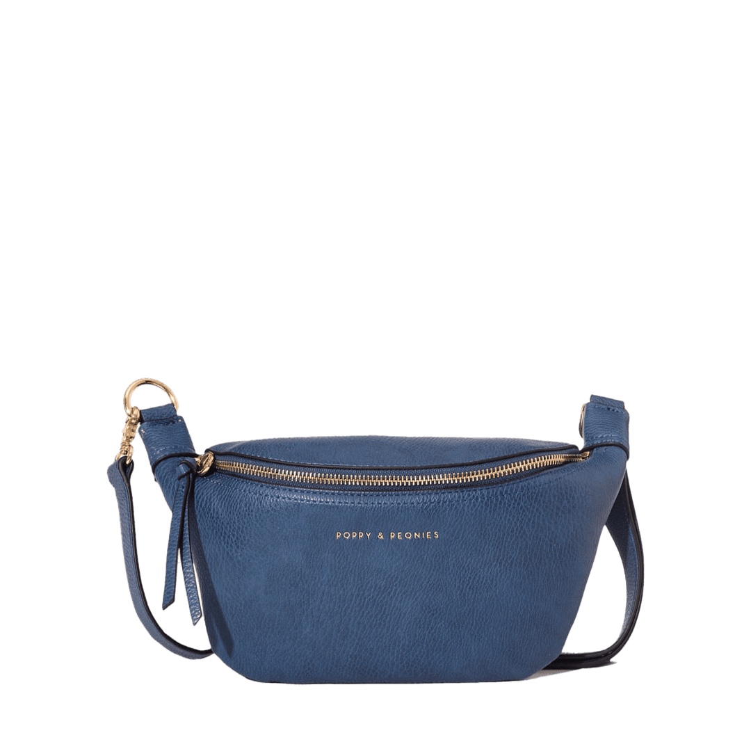 Navy blue crossbody bag with gold zipper
