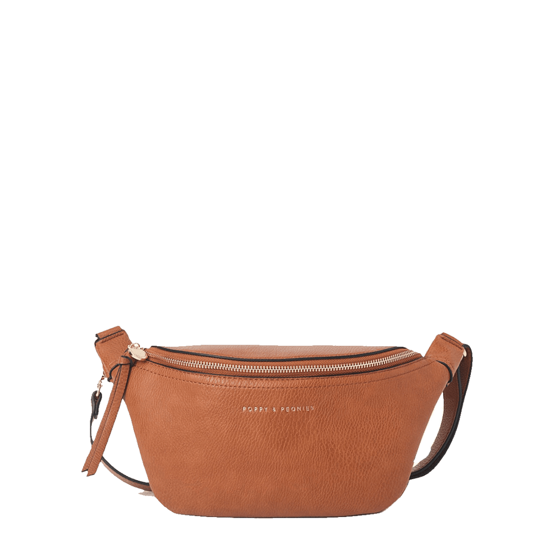 Brown vegan leather crossbody bag with a gold zipper